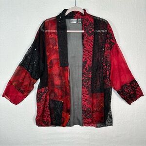 Chico's Silk Blend With Rayon Red And Black Abstract Women’s Kimono Size 1 (M)